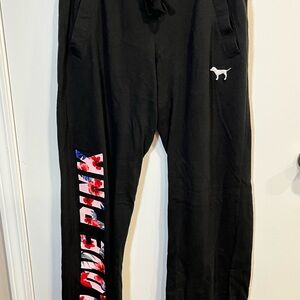 Victoria's Secret Black Joggers with Pink Red and Blue Graphic